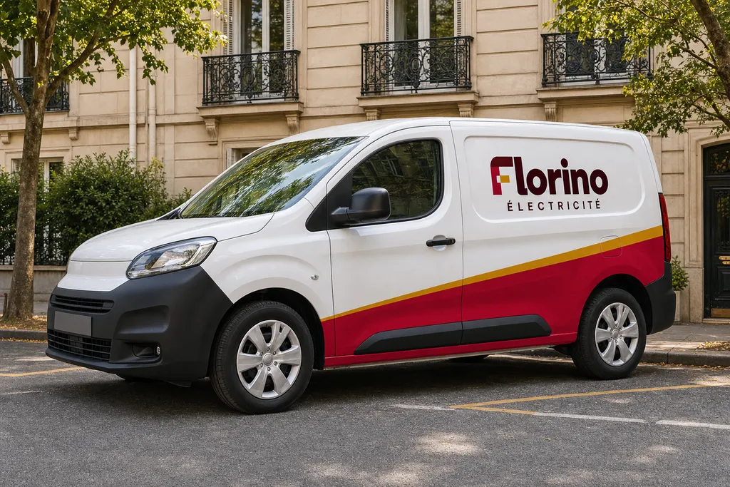 Utilitaire Florino Électricité garé devant un immeuble parisien